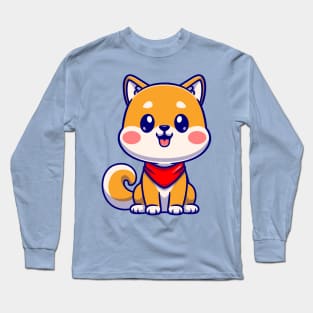 Cute Shiba Inu Dog Sitting With Scarf Cartoon Long Sleeve T-Shirt